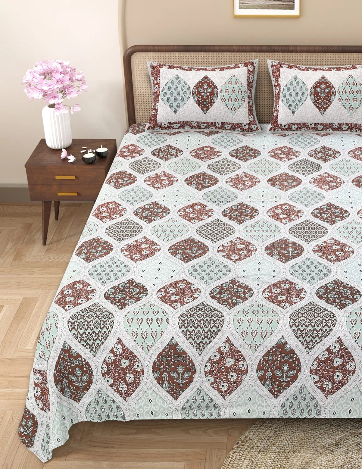 Barmeri Patch Print Double Standard Size Bedsheet with 2 Zipped Pillow Cover(90 inches by 108 inches)