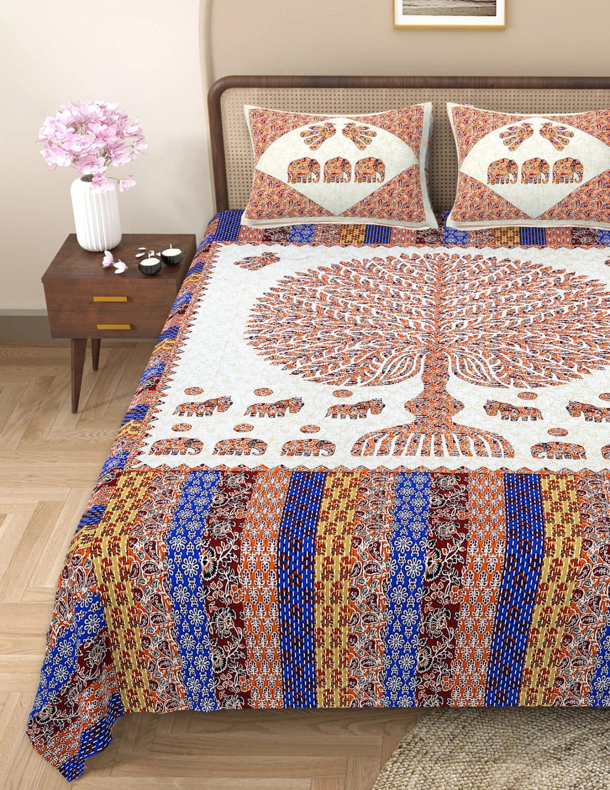 Barmeri Patch Print Double Standard Size Bedsheet with 2 Zipped Pillow Cover(90 inches by 108 inches)