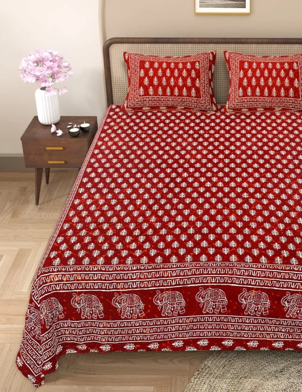 Handblock Bagru Kalamkari Batik  King Size Bedsheets With 2 Pillow Covers - Image 4