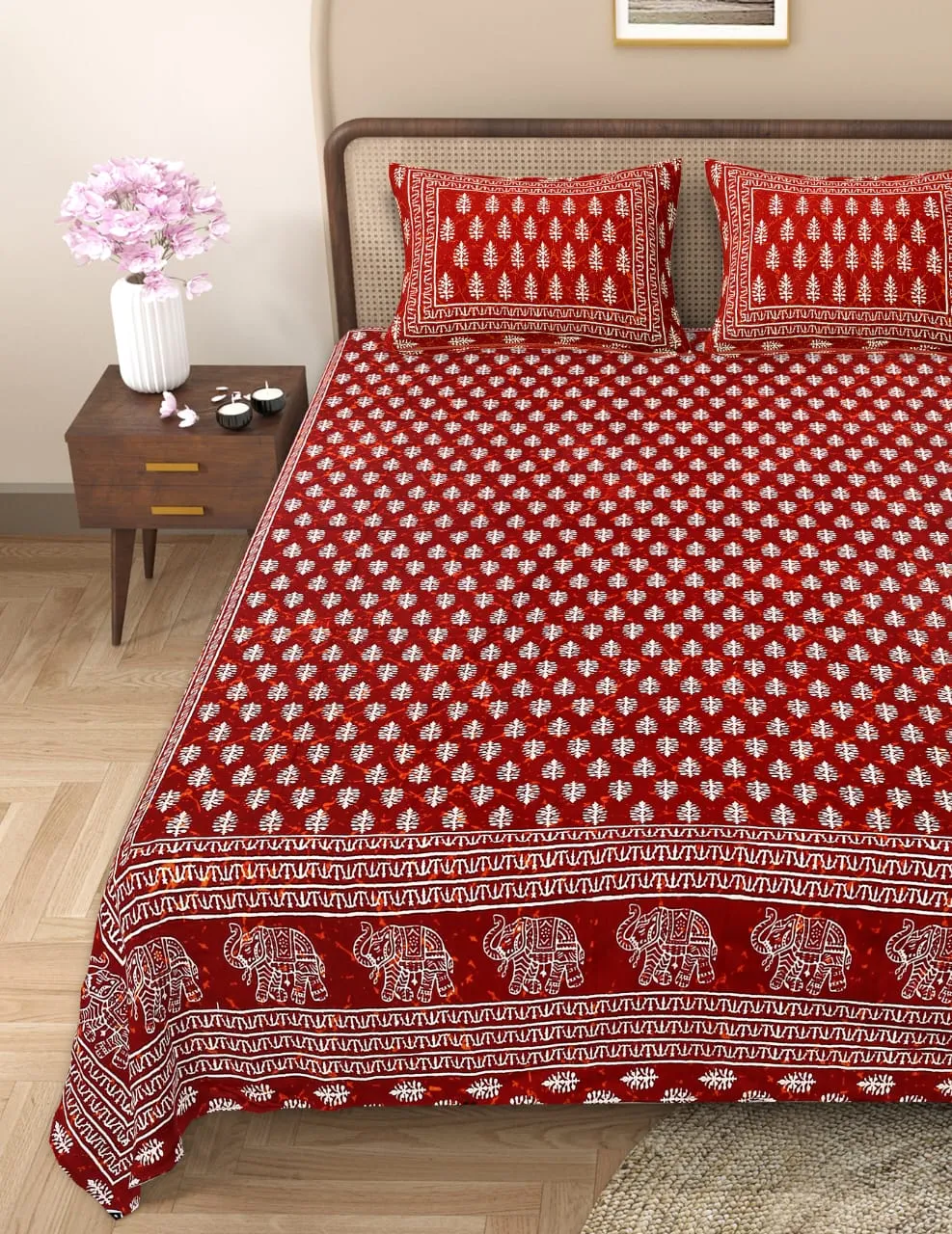 Handblock Bagru Kalamkari Batik  King Size Bedsheets With 2 Pillow Covers - Image 4