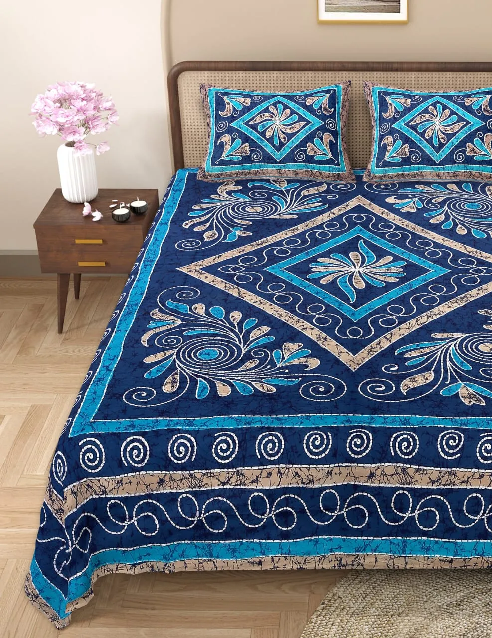 Handblock Bagru Kalamkari Batik King Size Bedsheets With 2 Pillow Covers - Image 2