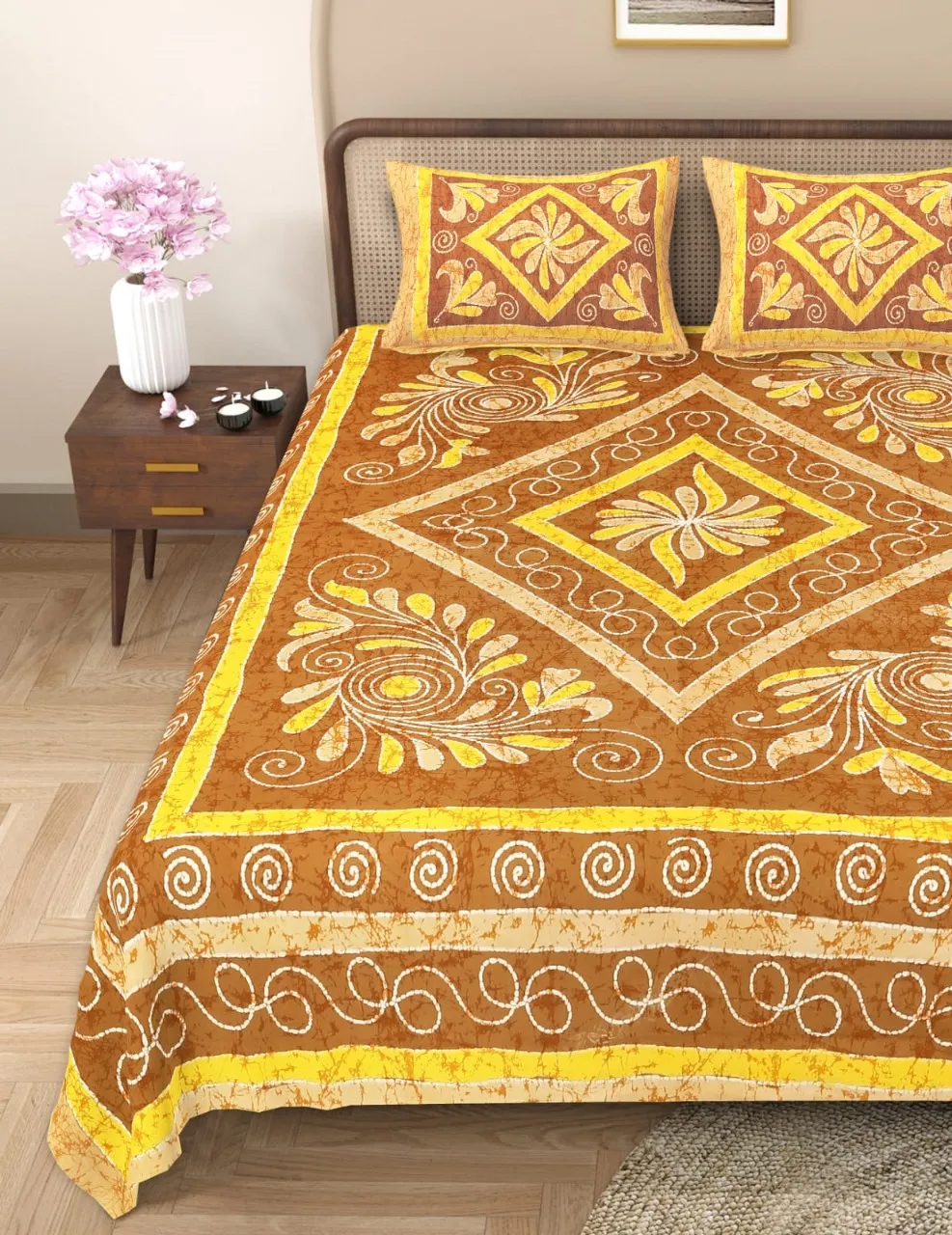 Handblock Bagru Kalamkari Batik King Size Bedsheets With 2 Pillow Covers