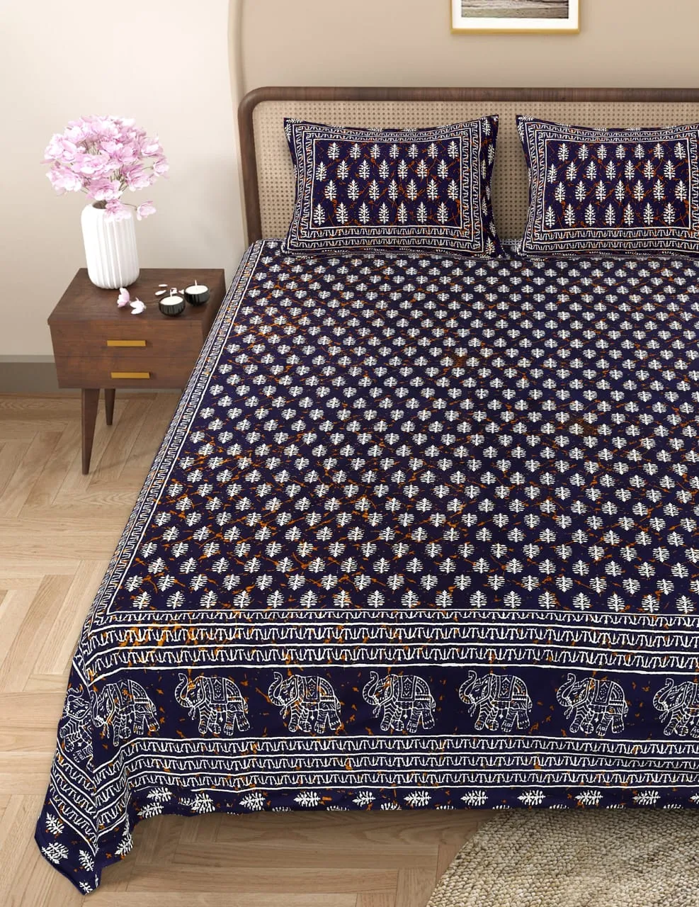 Handblock Bagru Kalamkari Batik  King Size Bedsheets With 2 Pillow Covers - Image 3