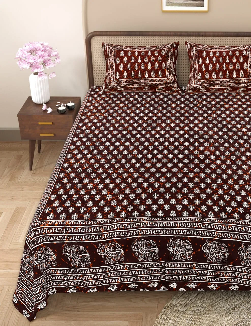 Handblock Bagru Kalamkari Batik  King Size Bedsheets With 2 Pillow Covers - Image 2