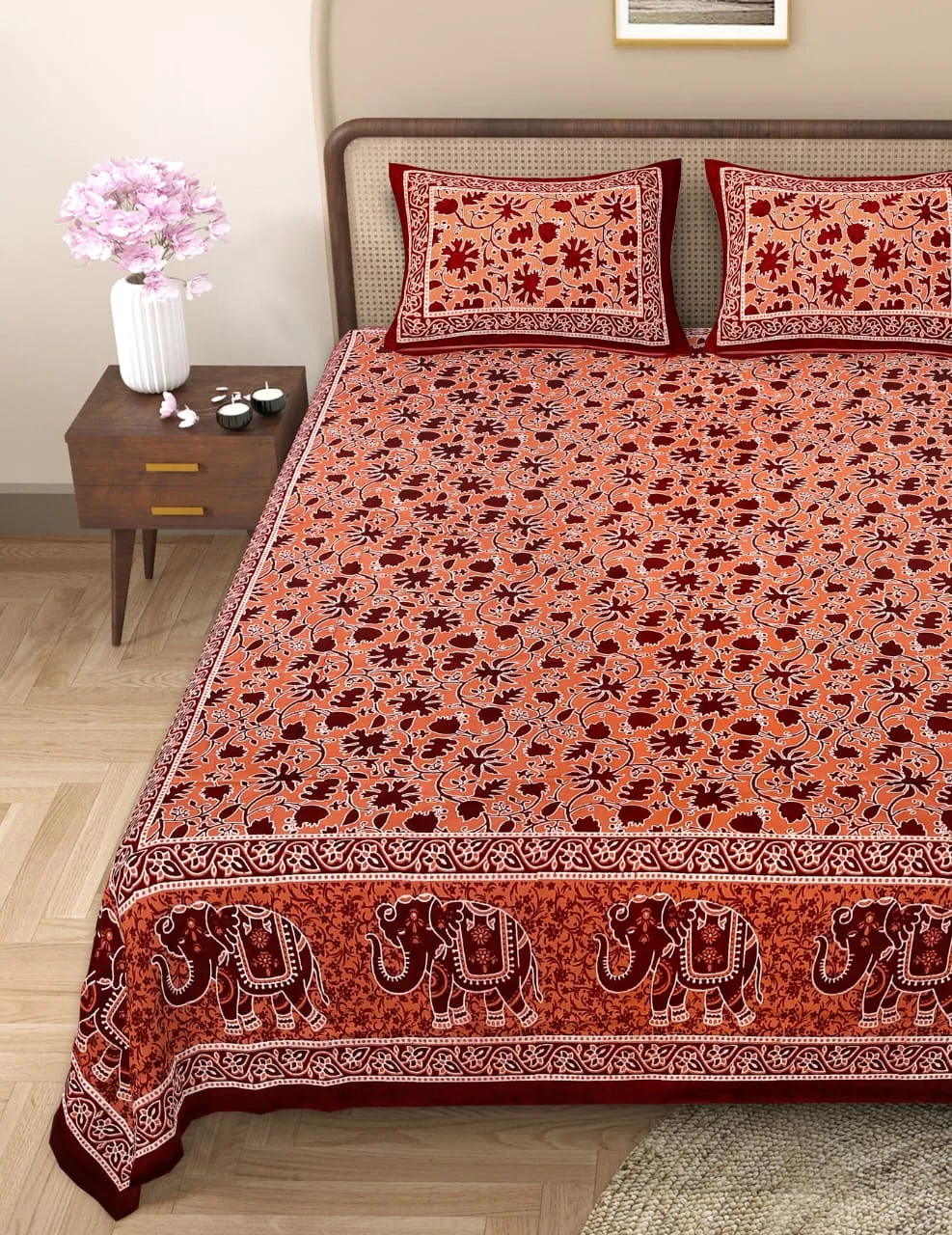 Handblock Bagru Kalamkari Batik  King Size Bedsheets With 2 Pillow Covers