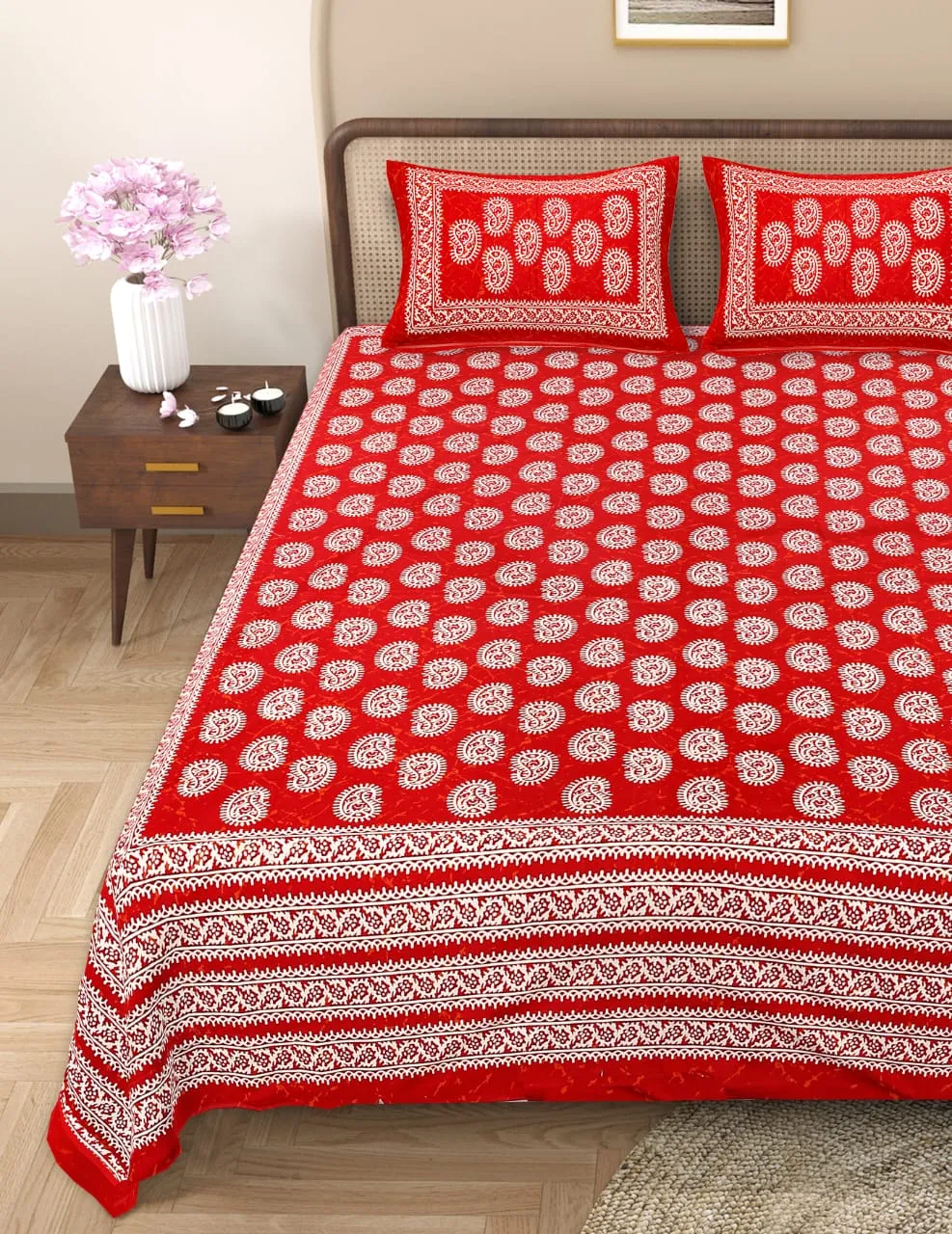 Handblock Bagru Kalamkari Batik  King Size Bedsheets With 2 Pillow Covers