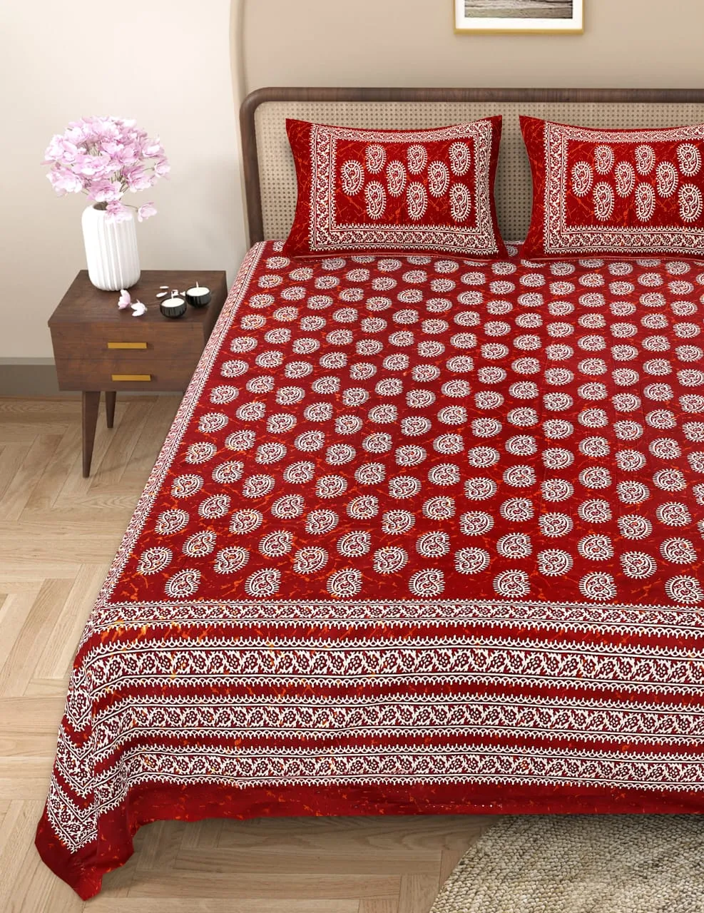 Handblock Bagru Kalamkari Batik  King Size Bedsheets With 2 Pillow Covers - Image 2