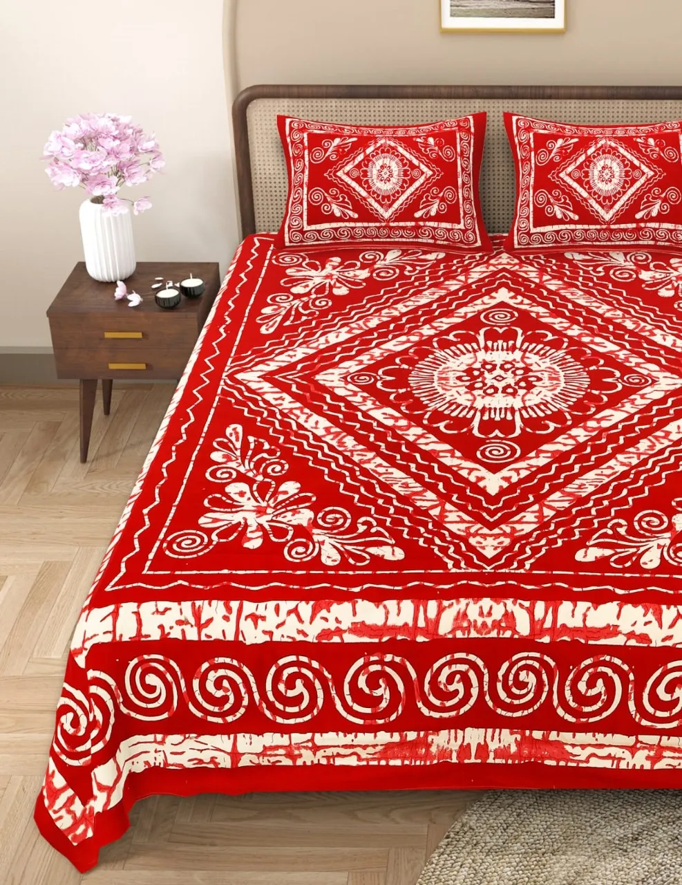 Handblock Bagru Kalamkari Batik  King Size Bedsheets With 2 Pillow Covers