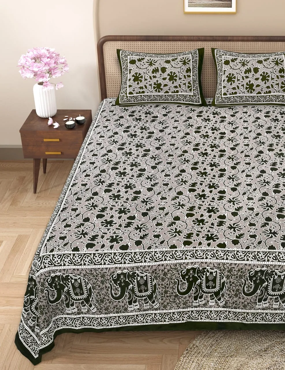Handblock Bagru Kalamkari Batik  King Size Bedsheets With 2 Pillow Covers - Image 3