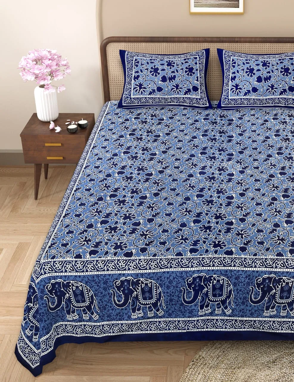 Handblock Bagru Kalamkari Batik  King Size Bedsheets With 2 Pillow Covers - Image 2