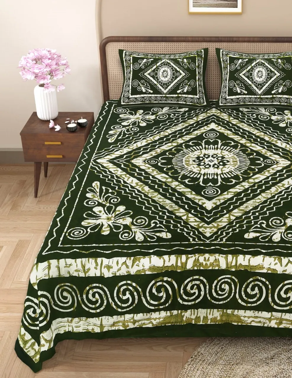 Handblock Bagru Kalamkari Batik  King Size Bedsheets With 2 Pillow Covers - Image 2