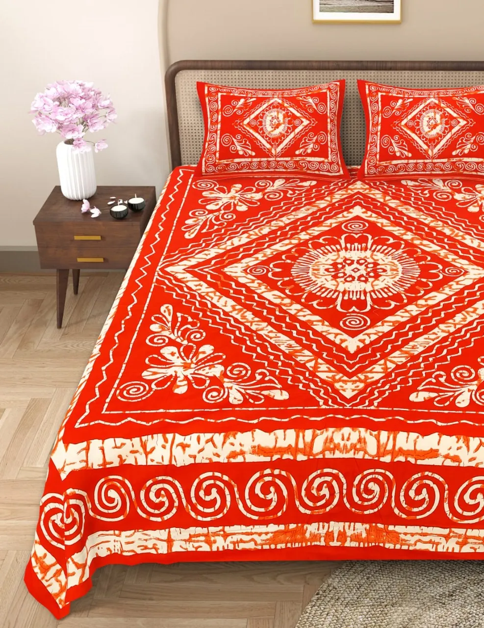 Handblock Bagru Kalamkari Batik  King Size Bedsheets With 2 Pillow Covers - Image 3