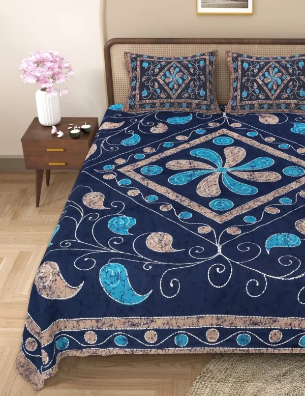 Handblock Bagru Kalamkari Batik  King Size Bedsheets With 2 Pillow Covers - Image 2