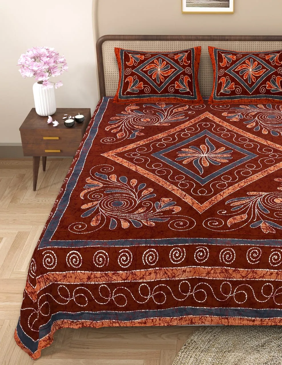 Handblock Bagru Kalamkari Batik King Size Bedsheets With 2 Pillow Covers - Image 3