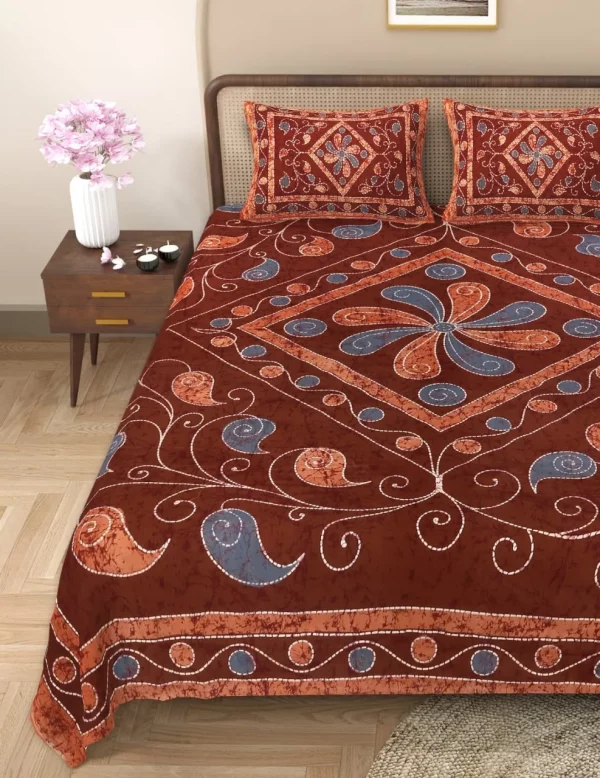 Handblock Bagru Kalamkari Batik  King Size Bedsheets With 2 Pillow Covers - Image 3